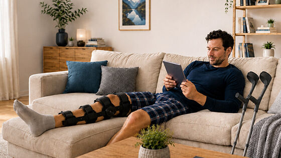Junger Mann mit verletztem Bein auf Sofa
